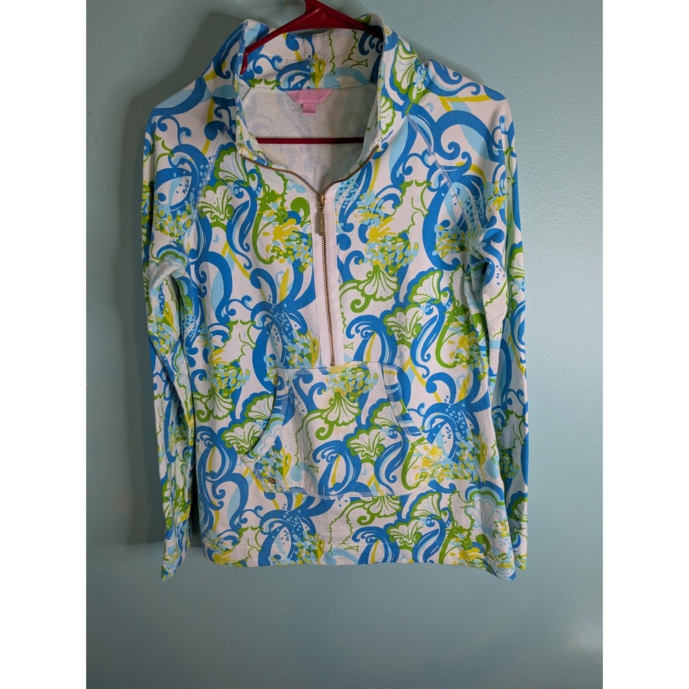 Lilly Pulitzer Skipper Popover Half Zip Sweatshirt Blue Green Floral Small